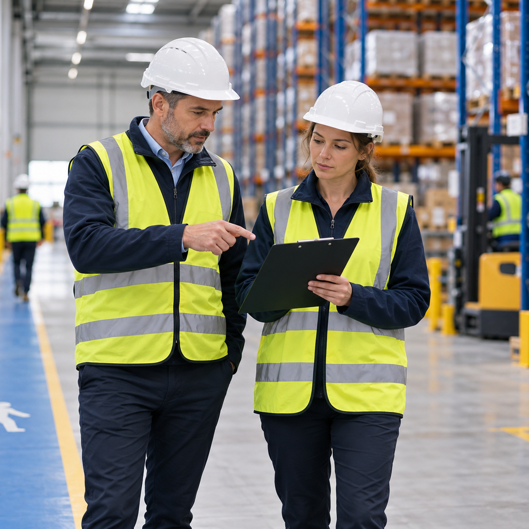 Consultancy Two safety professionals review a clipboard during a warehouse inspection.