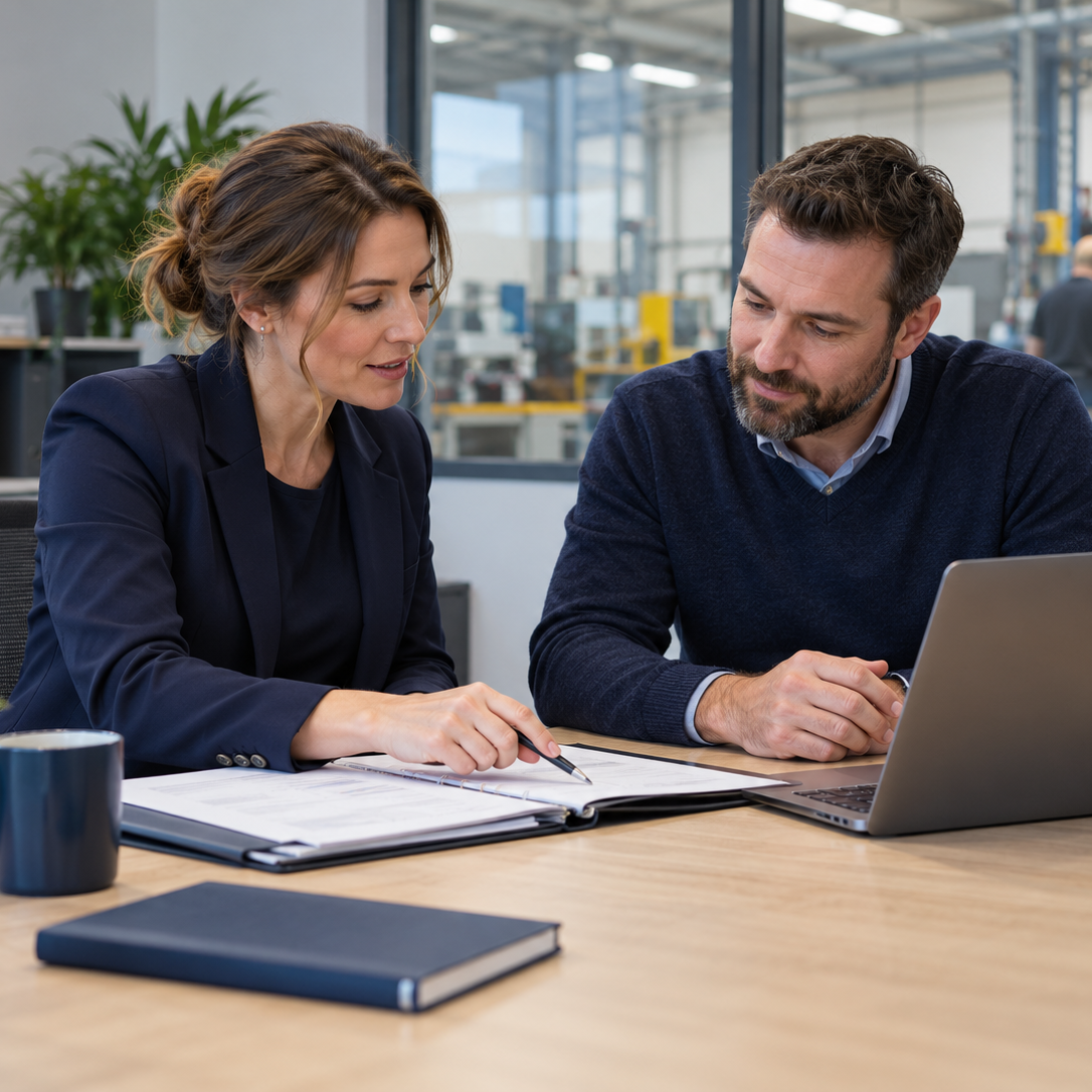 Retainer services Safety consultant and business manager review documents beside a laptop in an office.