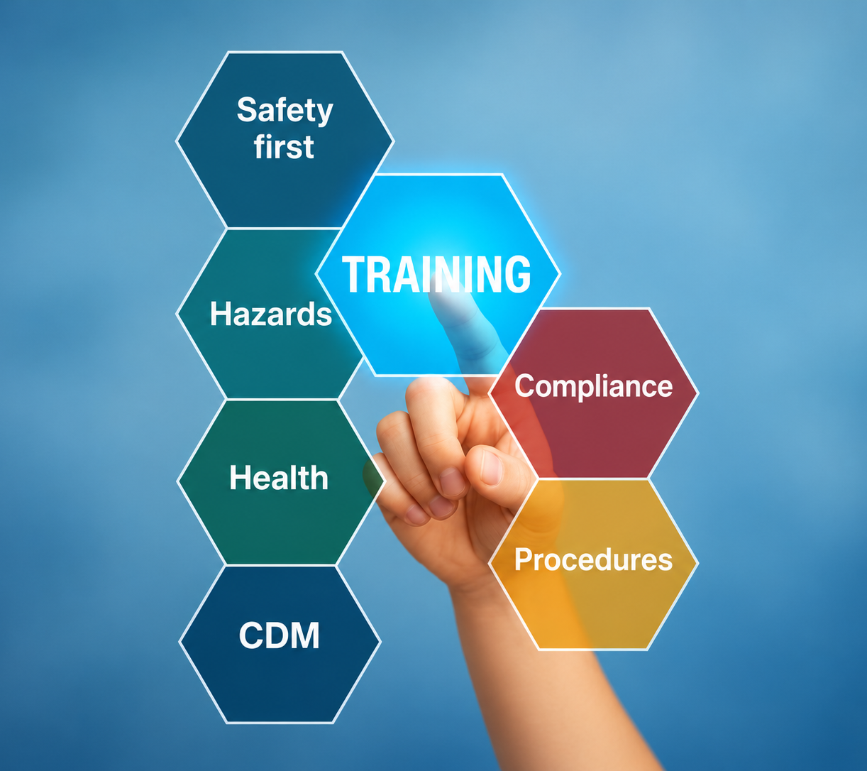 Hand touching a training hexagon surrounded by safety, hazards, health, compliance, procedures and CDM topics.