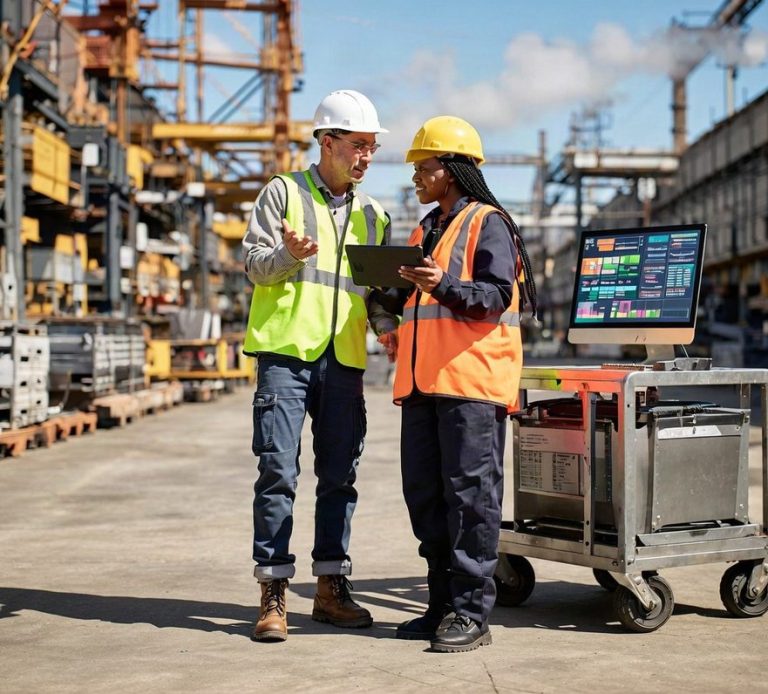Two safety professionals discuss site safety beside monitoring equipment at an industrial site.