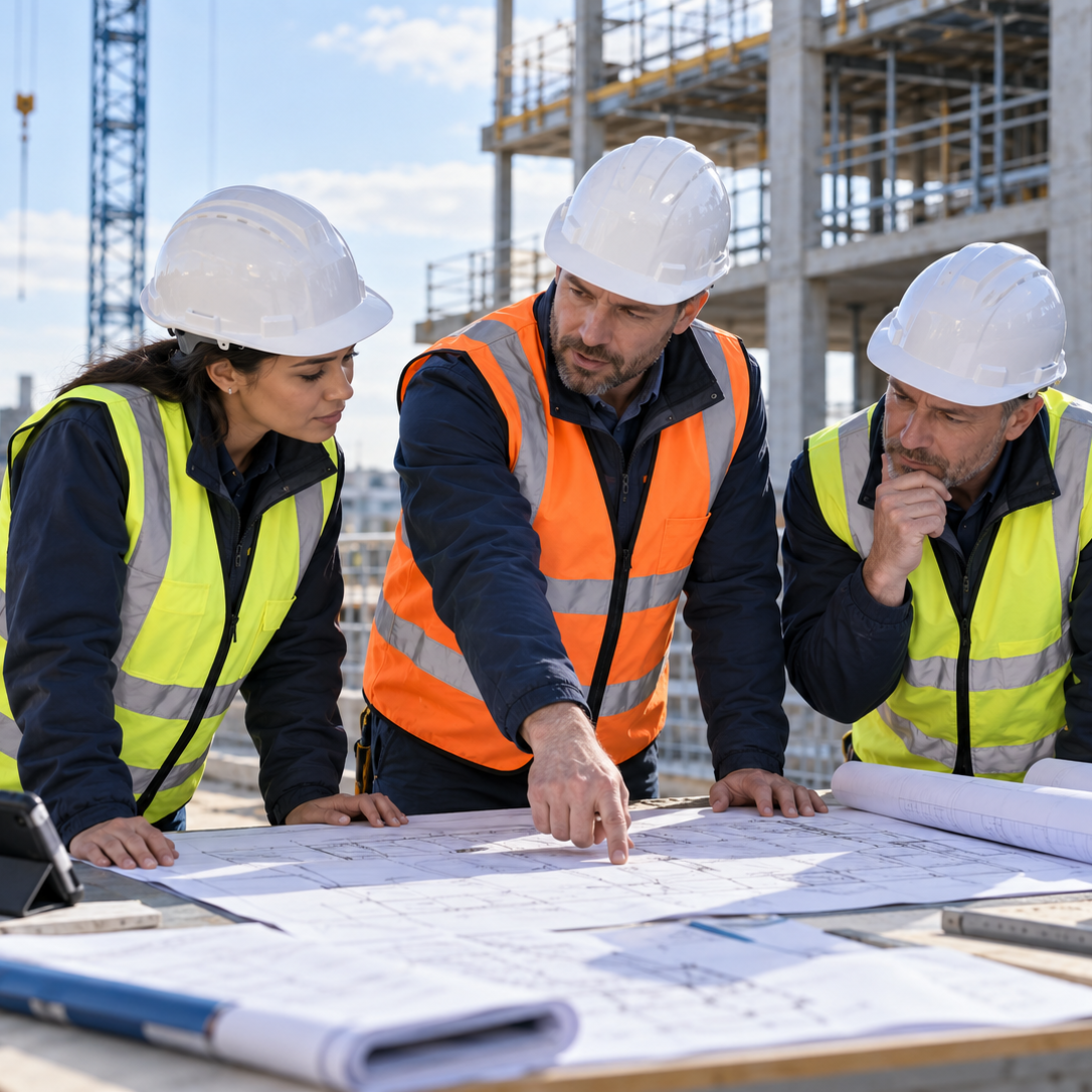 CDM advisory Three construction professionals wearing hard hats review building plans at a construction site.