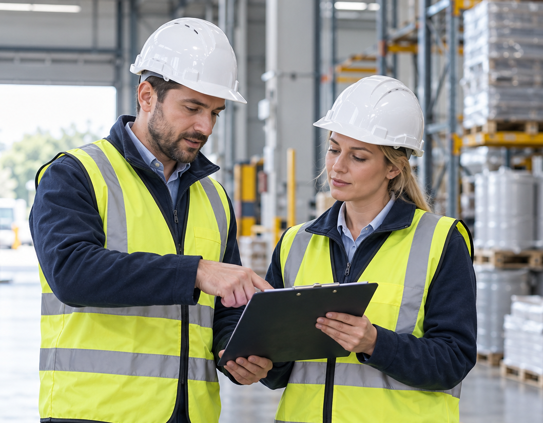 Two safety professionals wearing hard hats and high-visibility vests review a clipboard in a warehouse.